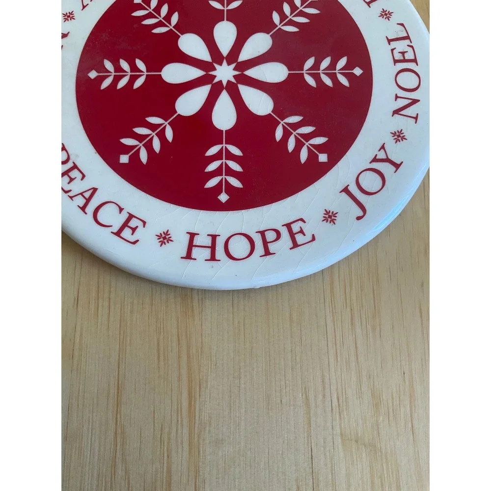 Christmas Snowflake Ceramic Trivet Cork Back Peace Hope Joy Noel‎ Red White 6